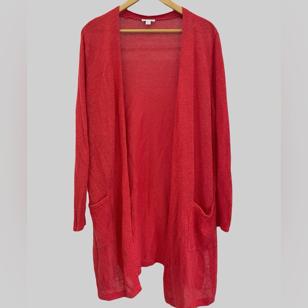 J. Jill Linen Blend Open Front Cardigan Womens Large Salmon Red Lightweight Knit